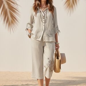 Avenue Linen Blend Embroidered Boho 2pc Set Button Down & Capris Size 14/16
